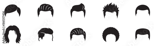 Male hairstyle icon set on head. Collection of black vector graphics for men's haircuts and avatar creation. Vector Illustration.