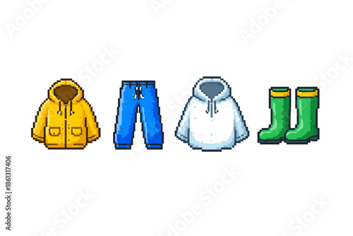 Pixel art collection of casual clothing and rain boots for outdoor activities