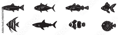 Set of cs, vector illustration. Black fish silhouettes on white background. Vector Illustration. EPS 10