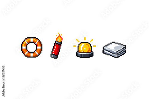Pixel art icons for safety and emergency equipment on a white background