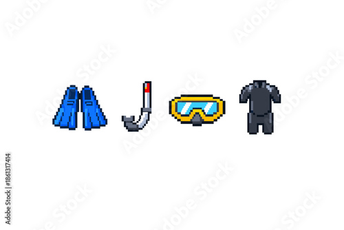 Pixel art diving equipment set: fins, snorkel, mask, and wetsuit for underwater adventures