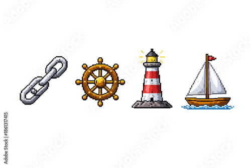 Nautical pixel art icons: chain, ship wheel, lighthouse, and sailboat on white background