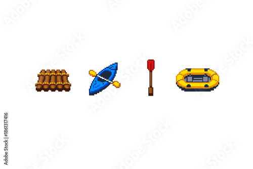 Pixel art collection of watercraft including a raft, kayak, paddle, and inflatable boat