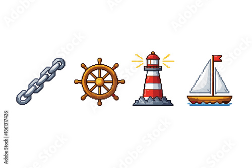 Pixel art nautical icons: chain, ship wheel, lighthouse, and sailboat on white background
