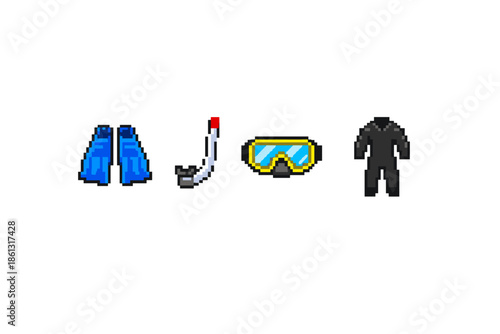 Pixel art diving equipment set including fins, snorkel, mask, and wetsuit