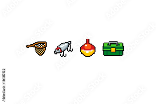 Pixel art fishing gear icons: net, lure, bobber, and tackle box
