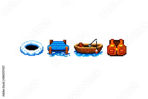 Pixel art collection of water recreation and safety items on a white background