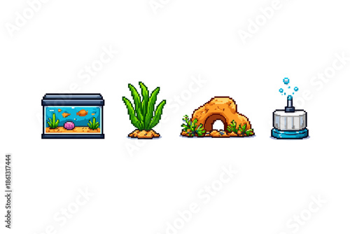Pixel art aquarium elements including fish tank, plant, cave, and bubbler