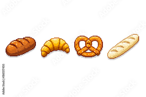 Pixel art collection of baked goods including a baguette, croissant, and pretzel