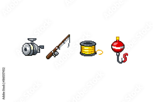 Pixel art fishing gear: reel, rod, line, and bobber for angling adventures