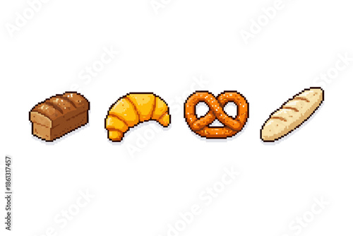Pixel art icons of a loaf, croissant, pretzel, and baguette on a white background