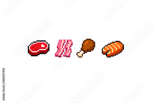 Pixel art icons of steak, bacon, chicken leg, and salmon fillet on white background