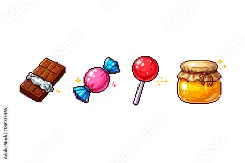 Pixel art collection of sweet treats including chocolate, candy, lollipop, and honey