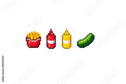 Pixel art fast food icons: french fries, ketchup, mustard, and pickle