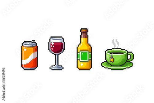 Pixel art collection of various beverages including soda, wine, beer, and tea