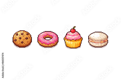Pixel art collection of four delicious baked goods on a white background