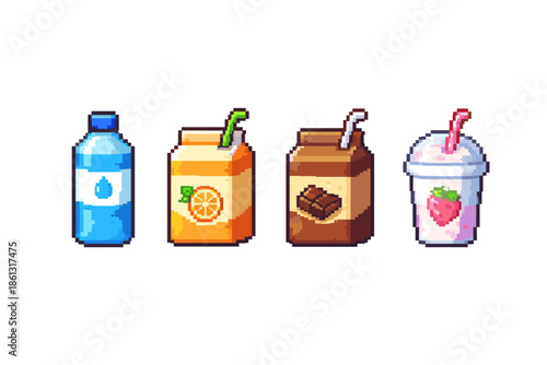 Pixel art collection of four different beverages in cartoon style