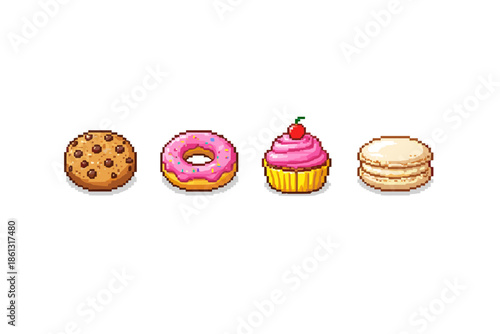 Pixel art collection of a chocolate chip cookie, pink donut, cupcake, and macaron