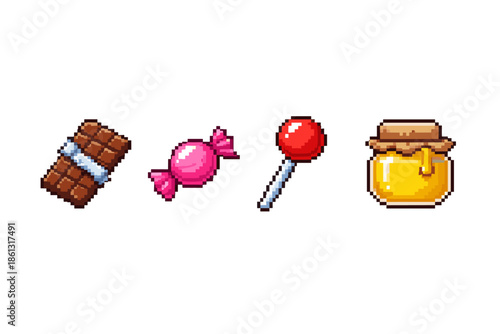 Pixel art collection of chocolate bar, candy, lollipop, and honey jar