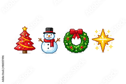 Pixel art Christmas icons: tree, snowman, wreath, and star on white background