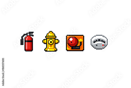 Pixel art icons for fire safety equipment: extinguisher, hydrant, alarm, and detector