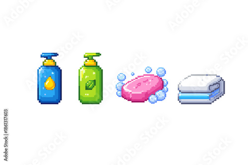 Pixel art icons for bathroom hygiene: soap, lotion, and folded towel
