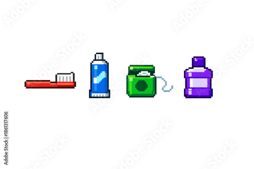 Pixel art dental hygiene set with toothbrush, toothpaste, floss, and mouthwash