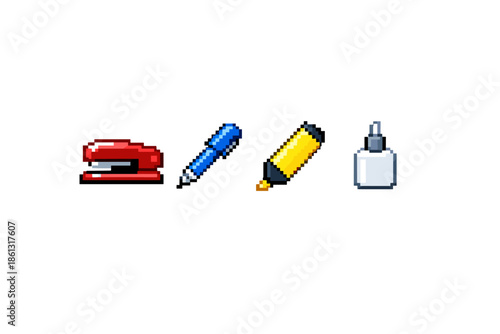 Pixel art icons of office supplies: stapler, pen, highlighter, and glue bottle