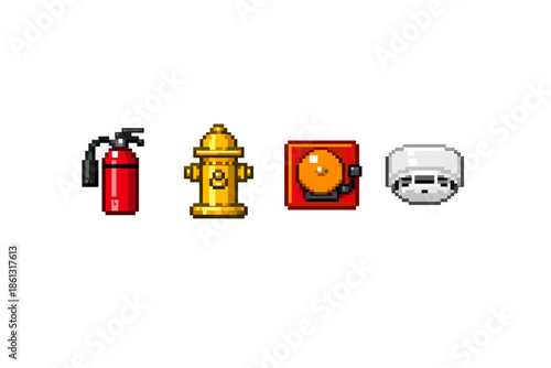 Pixel art icons of fire safety equipment including extinguisher, hydrant, alarm, and detector