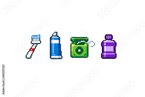 Pixel art dental hygiene set with toothbrush, toothpaste, floss, and mouthwash