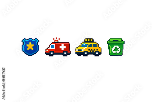 Pixel art icons of emergency services, taxi, and recycling bin on white background