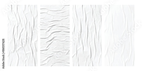 Set of four realistic crumpled white paper textures with creases and wrinkles