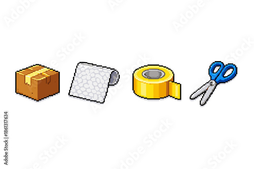 Pixel art icons for shipping and packing: box, bubble wrap, tape, and scissors