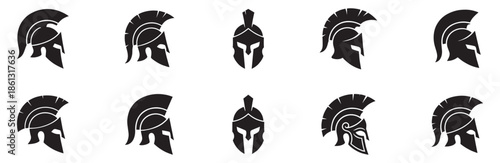 Ancient warrior helmet silhouette icon set. Ancient greek spartan helmet icon. Vector Illustration.