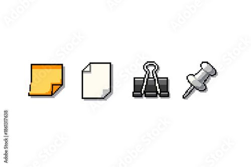 Pixel art icons of office supplies: sticky note, paper, binder clip, and thumbtack