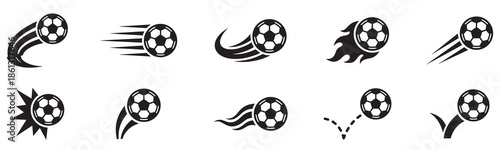 Soccer ball icon vector set. Football and soccer sport flying ball icons. Sport ball illustration sign collection. Football ball symbol. Vector Illustration.  