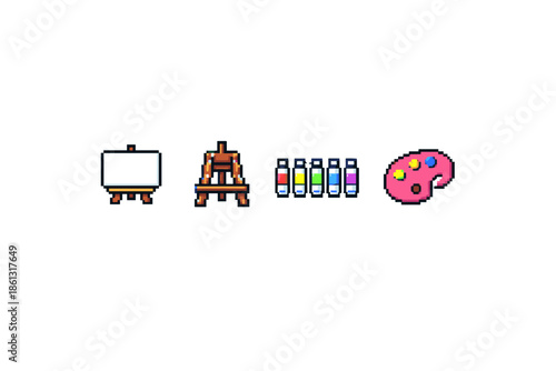 Pixel art icons for painting and art creation, including easel, paints, and palette
