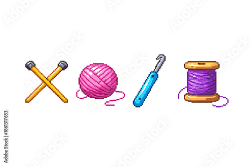 Pixel art icons for knitting and sewing crafts, including yarn, needles, hook, and thread
