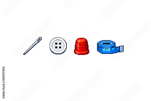 Pixel art sewing kit icons: needle, button, thimble, and measuring tape