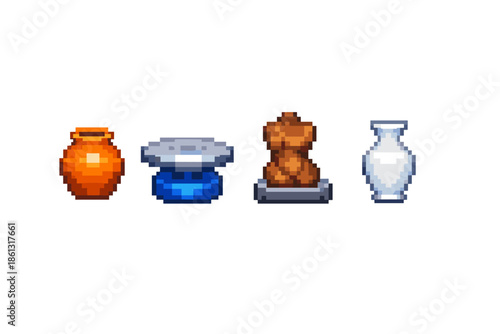 Pixel art icons of ancient artifacts and sculptures for game design