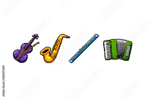 Pixel art collection of musical instruments: violin, saxophone, flute, and accordion