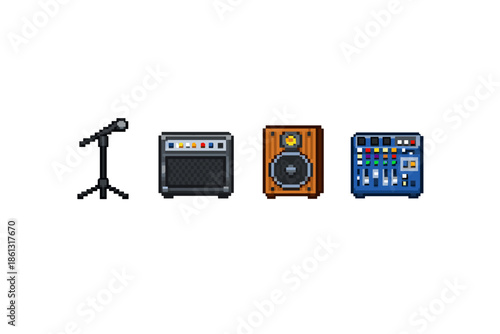 Pixel art icons of audio equipment for music production and performance