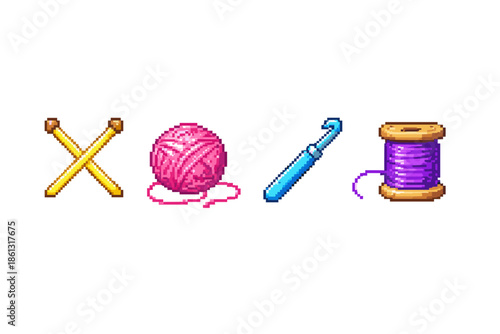 Pixel art icons for knitting, crochet, and sewing crafts, isolated on white