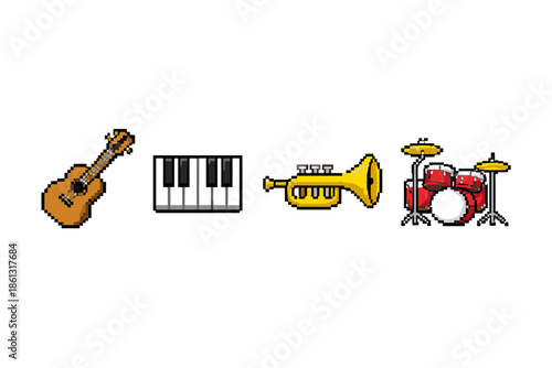 Pixel art collection of musical instruments including ukulele, piano, trumpet, and drums