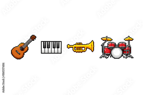 Pixel art musical instruments: guitar, keyboard, trumpet, and drum set