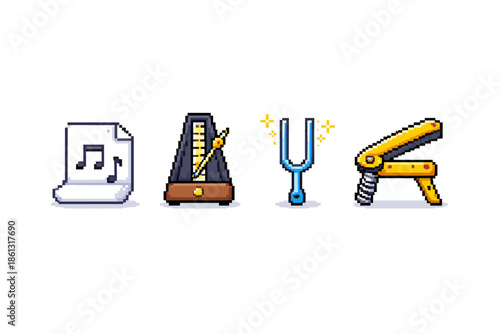 Pixel art icons of musical instruments and tools for music creation and practice