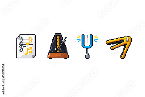 Pixel art icons of musical accessories: sheet music, metronome, tuning fork, and capo