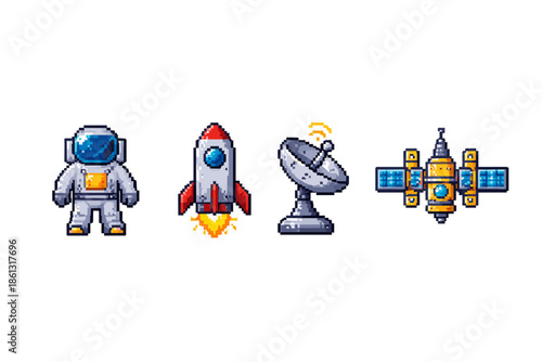 Pixel art icons of astronaut, rocket, satellite dish, and spacecraft in a row