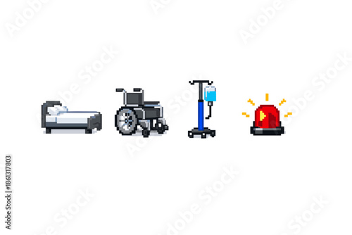 Pixel art icons of hospital bed, wheelchair, IV drip, and emergency siren
