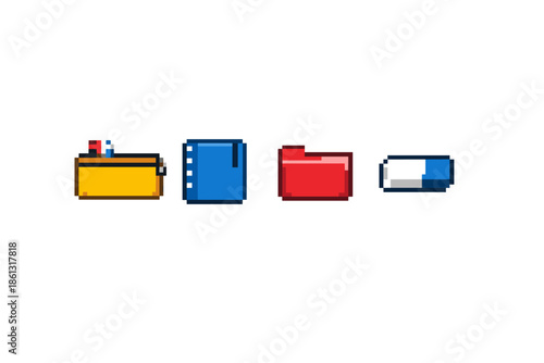Pixel art icons of office supplies and a pill on a white background